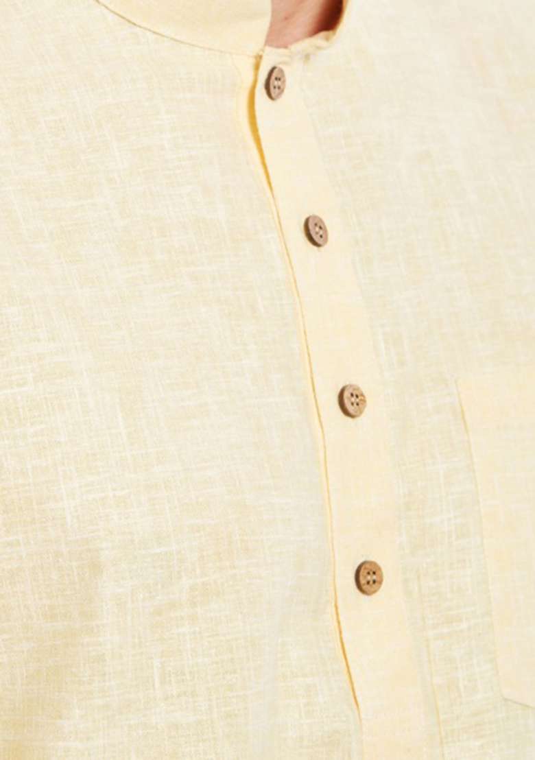 Cream Solid Cotton Kurta Set For Men - Indya