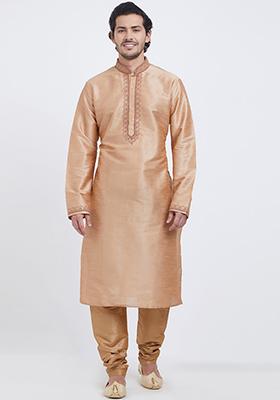 Gold Embroidered Silk Kurta Set For Men