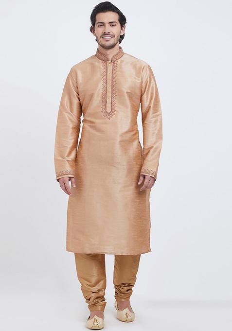 Gold Embroidered Silk Kurta Set For Men