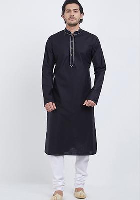 Black Embroidered Cotton Kurta Set For Men