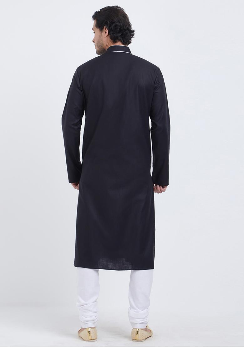 Black Embroidered Cotton Kurta Set For Men