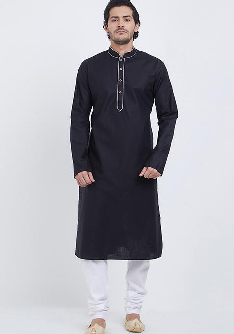 Black Embroidered Cotton Kurta Set For Men
