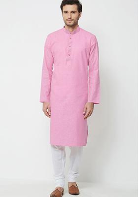Pink Embroidered Cotton Kurta Set For Men