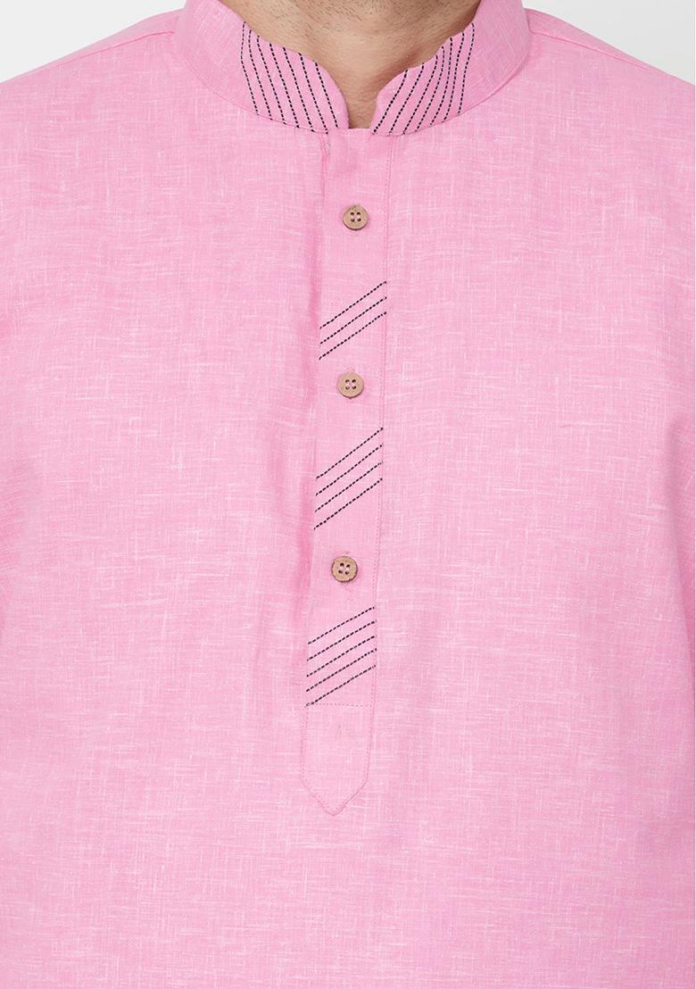 Pink Embroidered Cotton Kurta Set For Men