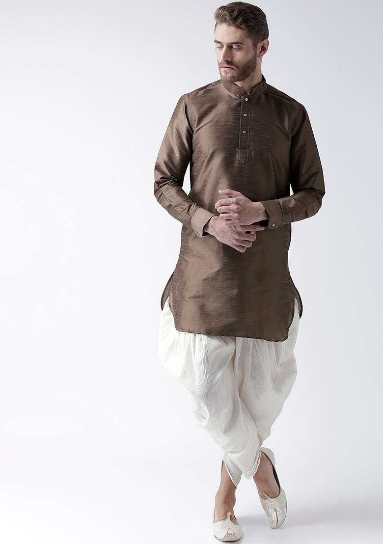 Brown Solid Silk Blend Kurta For Men - Indya