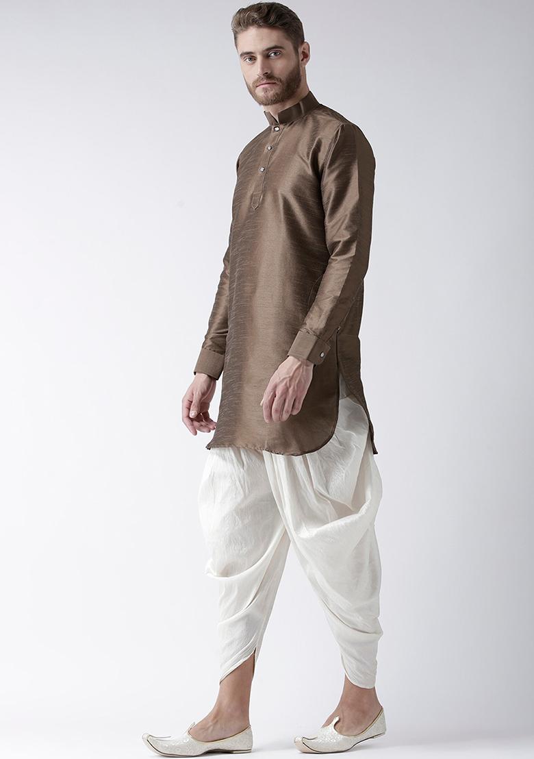 Brown Solid Silk Kurta For Men