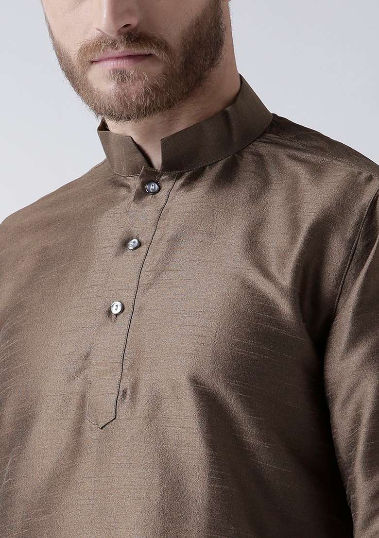Brown Solid Silk Blend Kurta For Men - Indya