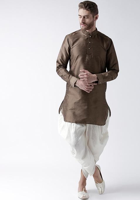 Brown Solid Silk Kurta For Men