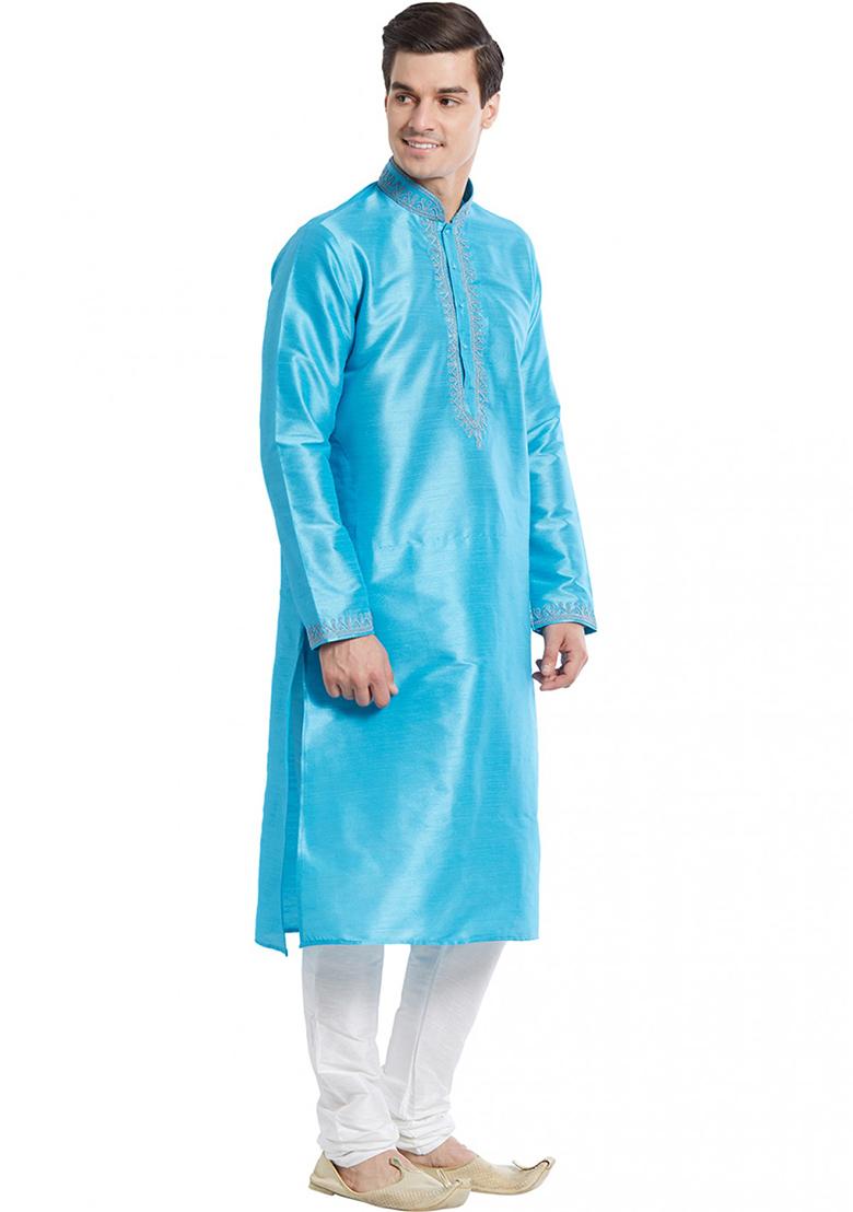 Firozi Blue Embroidered Silk Kurta Set For Men