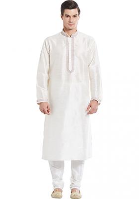 White Embroidered Silk Kurta Set For Men