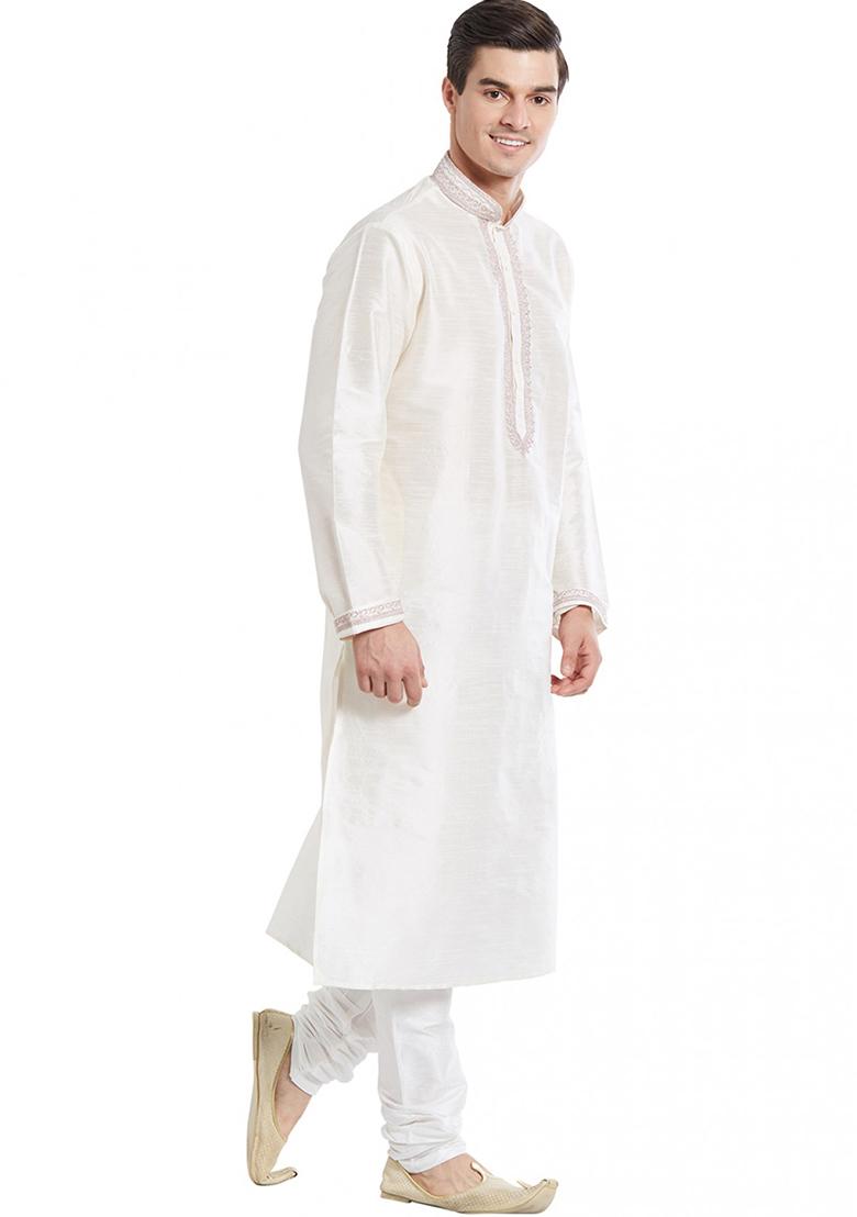 White Embroidered Silk Kurta Set For Men
