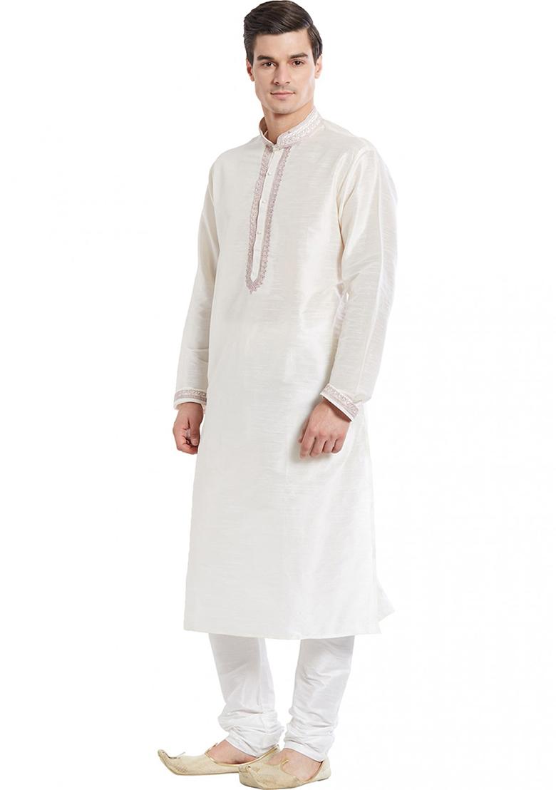 White Embroidered Silk Kurta Set For Men