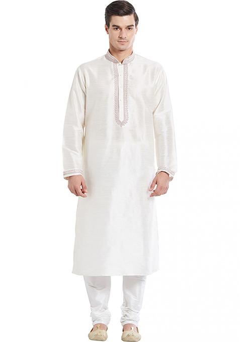 White Embroidered Silk Kurta Set For Men
