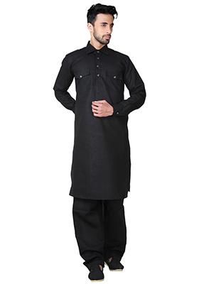 Black Solid Cotton Kurta Set For Men
