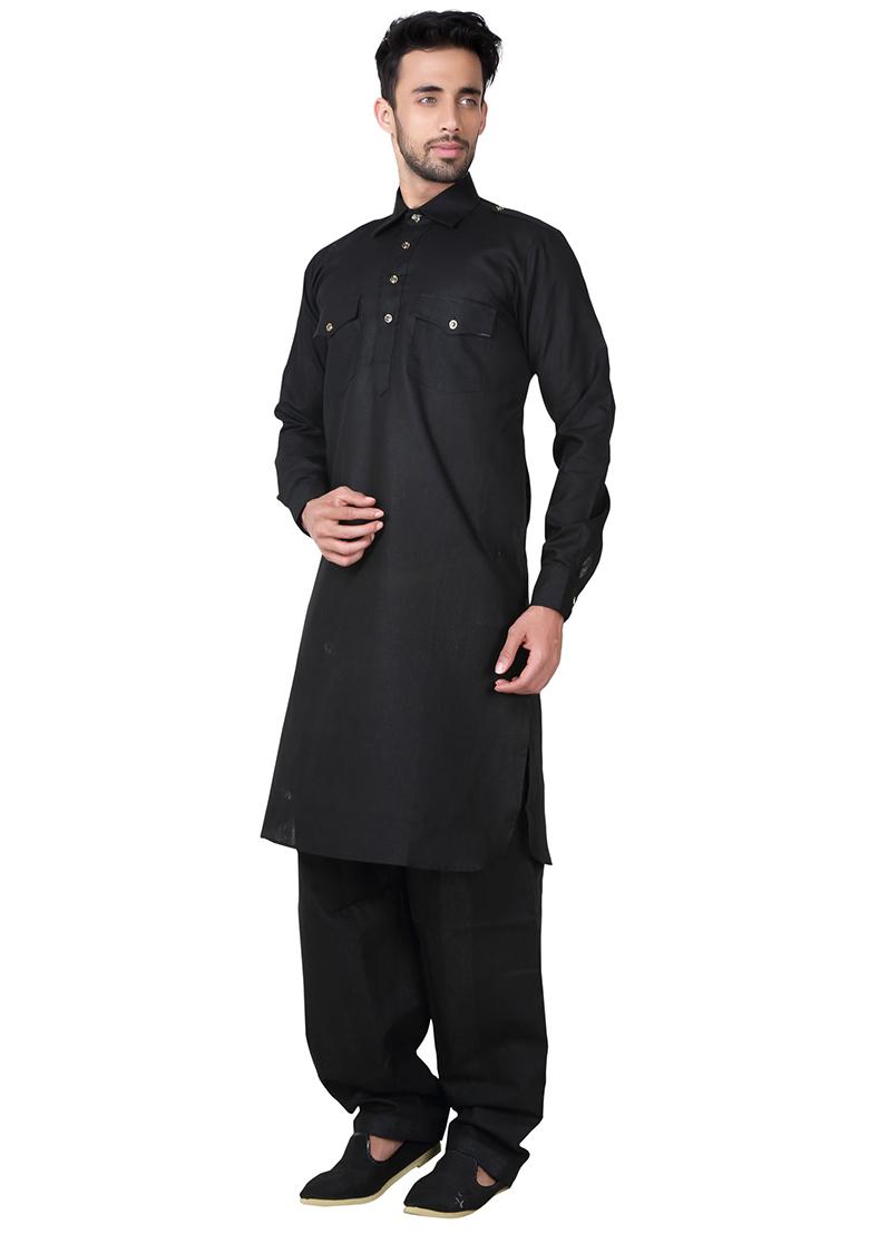 Black Solid Cotton Kurta Set For Men