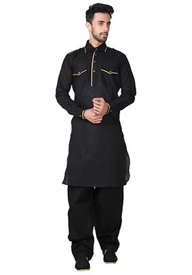 Black Solid Cotton Kurta Set For Men