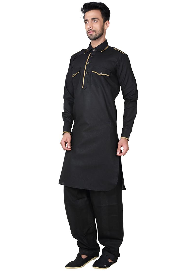 Black Solid Cotton Kurta Set For Men