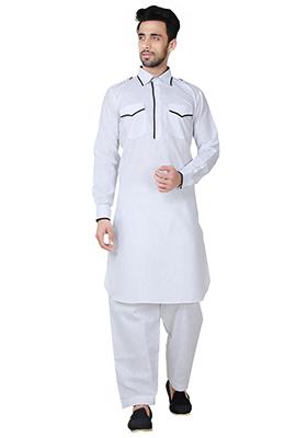 White Solid Cotton Kurta Set For Men