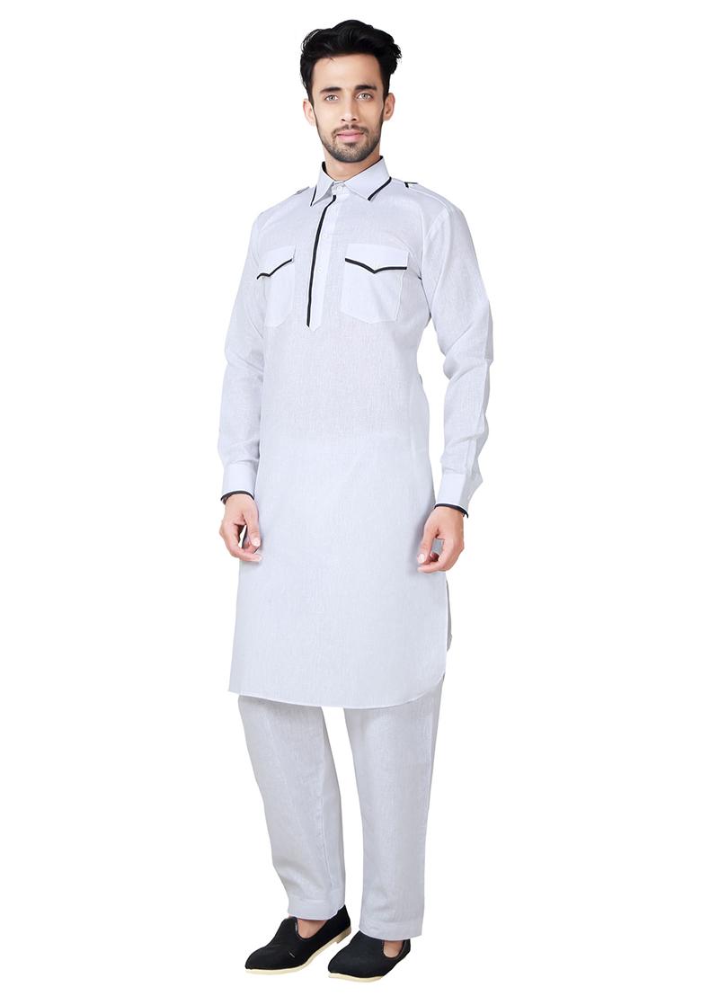 White Solid Cotton Kurta Set For Men