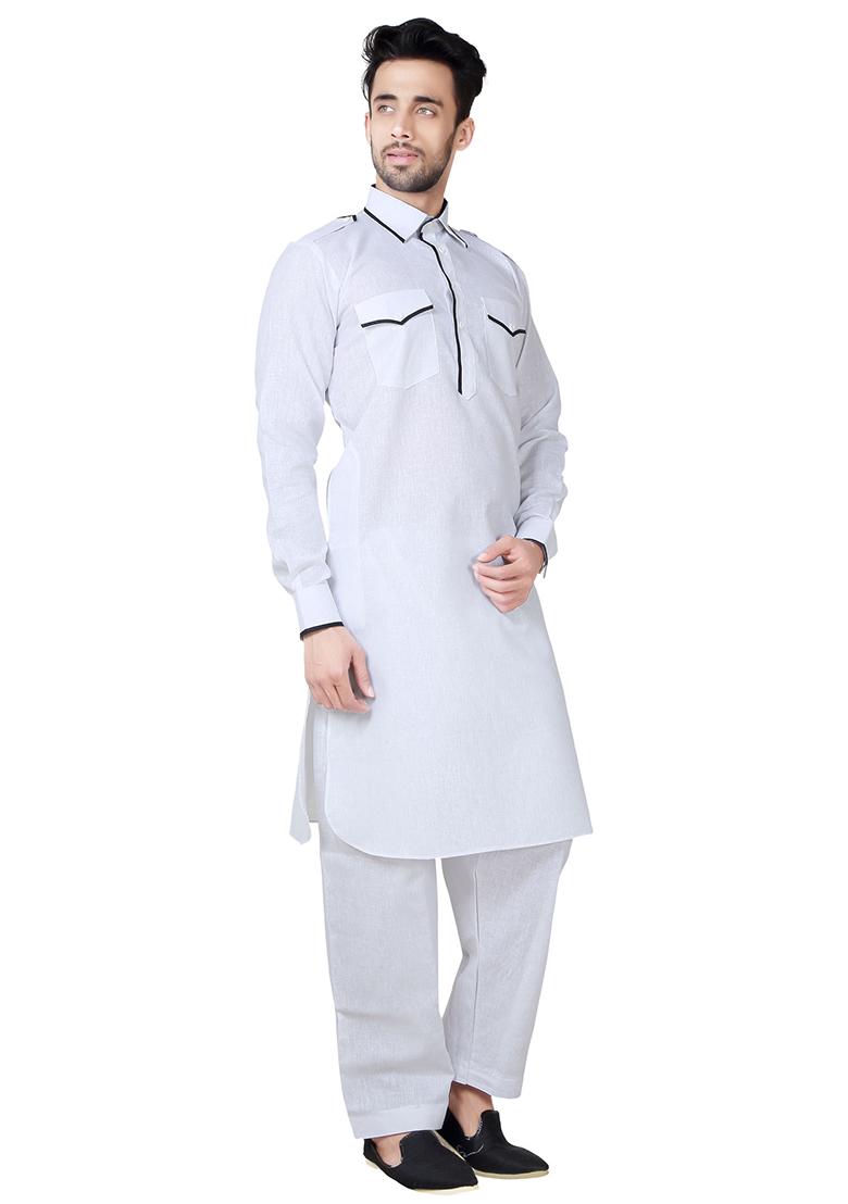 White Solid Cotton Kurta Set For Men