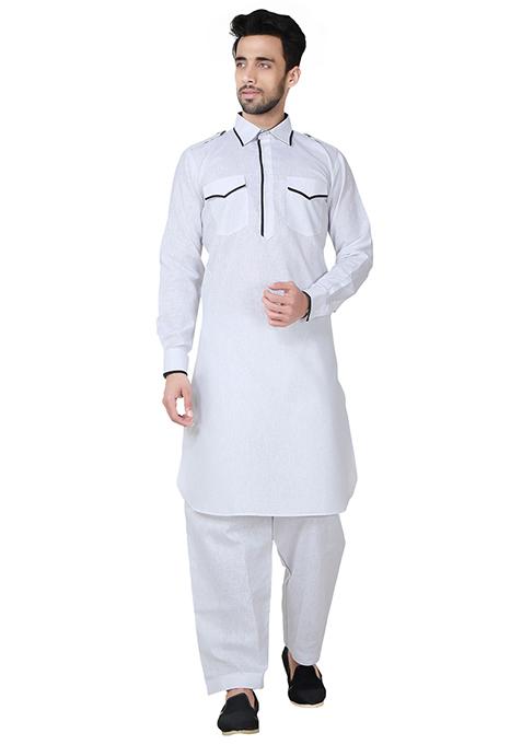 White Solid Cotton Kurta Set For Men