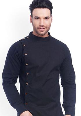 Black Solid Cotton Kurta For Men