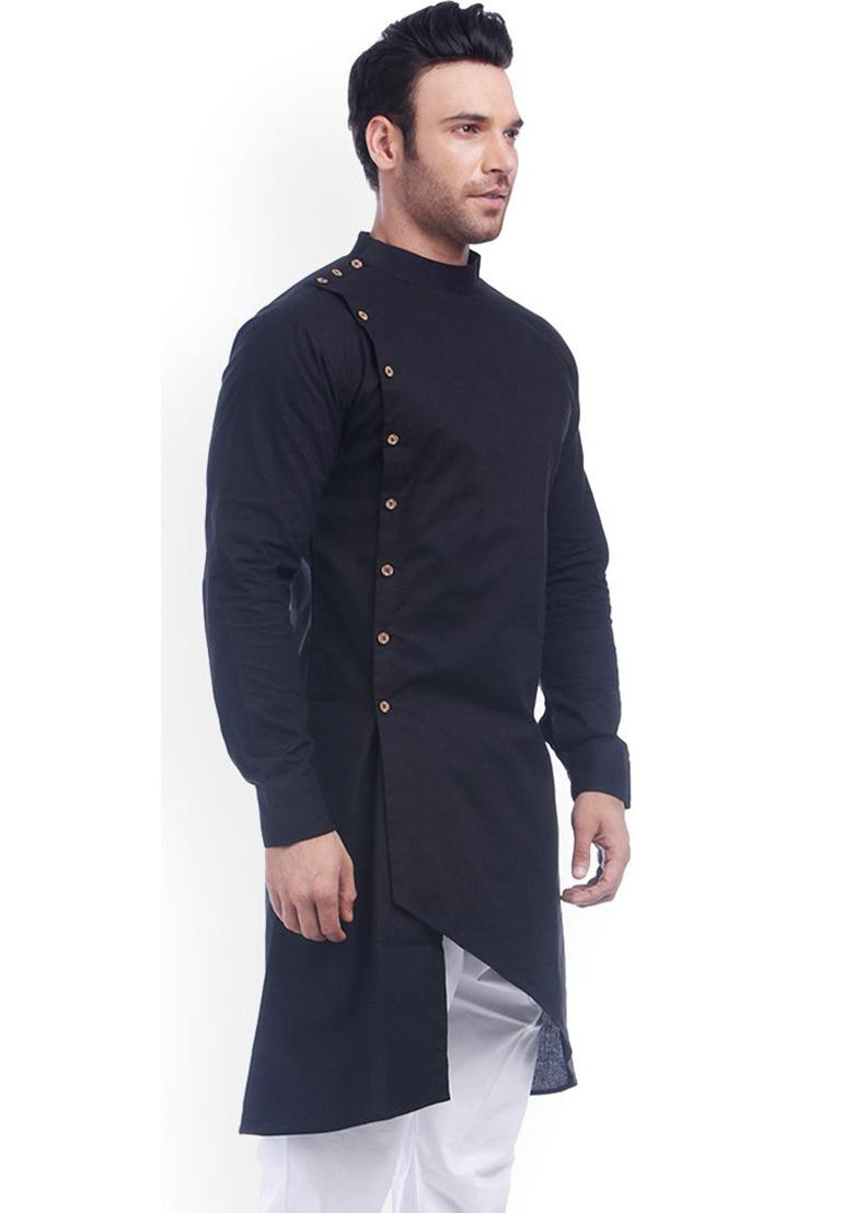 Black Solid Cotton Kurta For Men - Indya