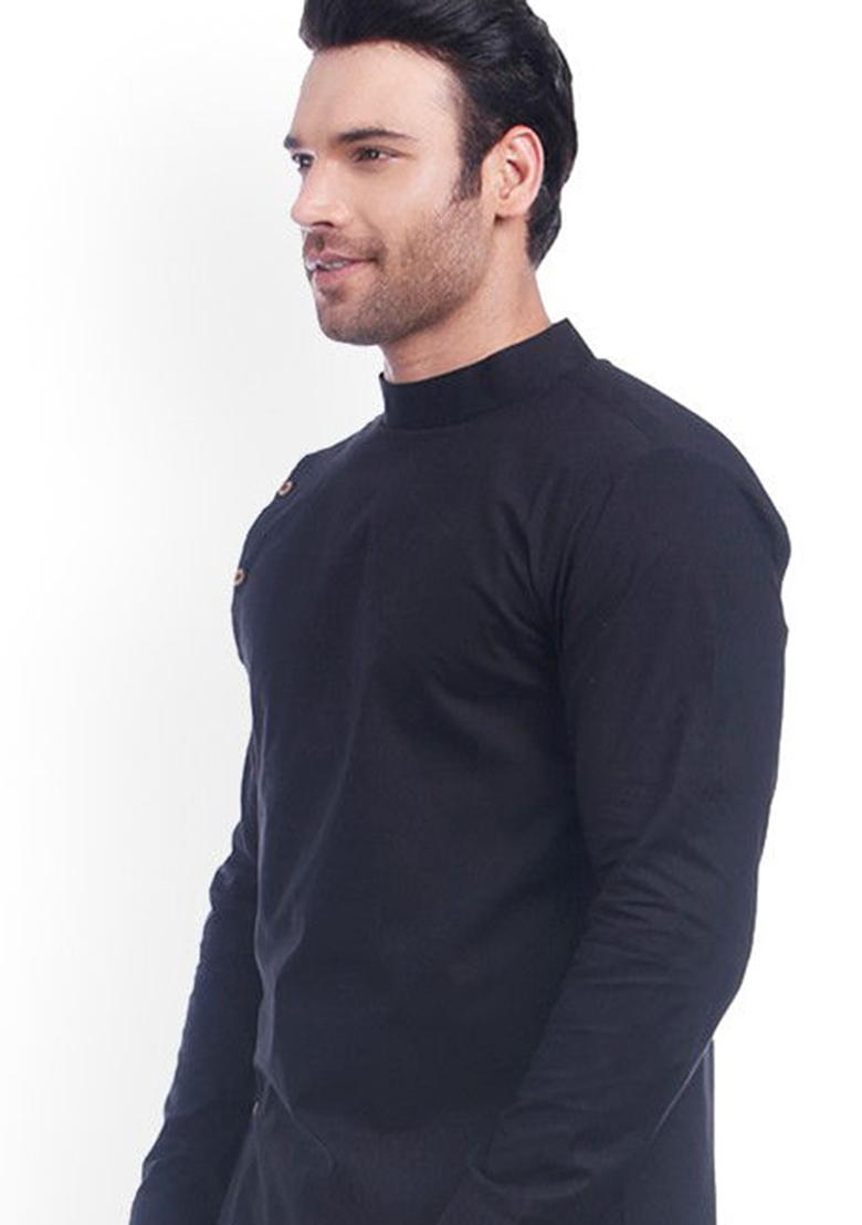 Black Solid Cotton Kurta For Men - Indya