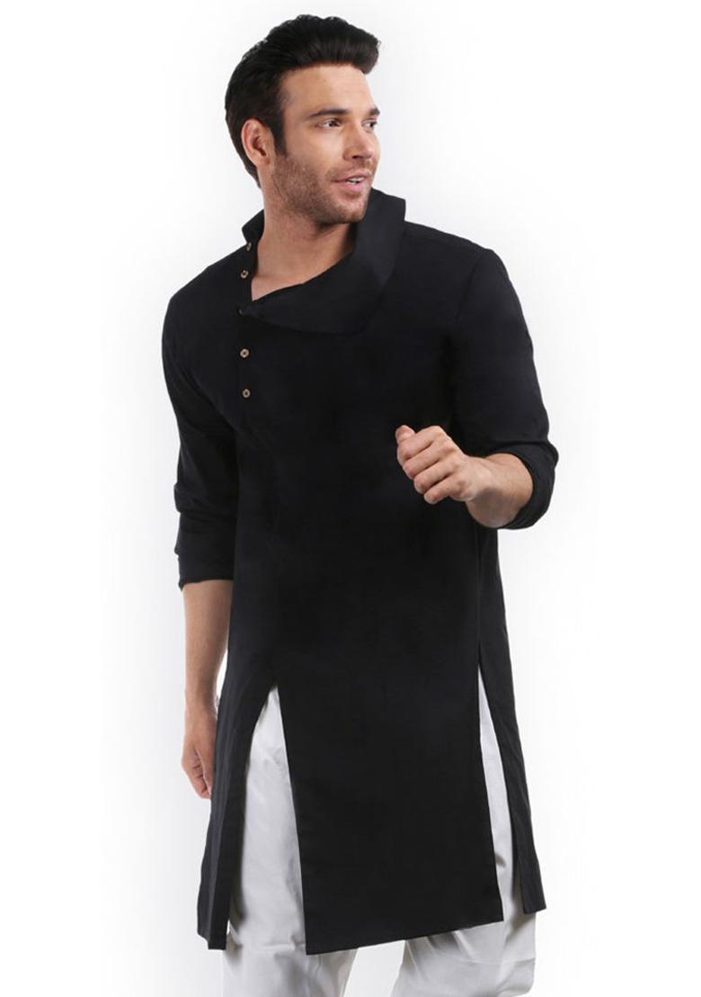 Black Solid Cotton Kurta For Men