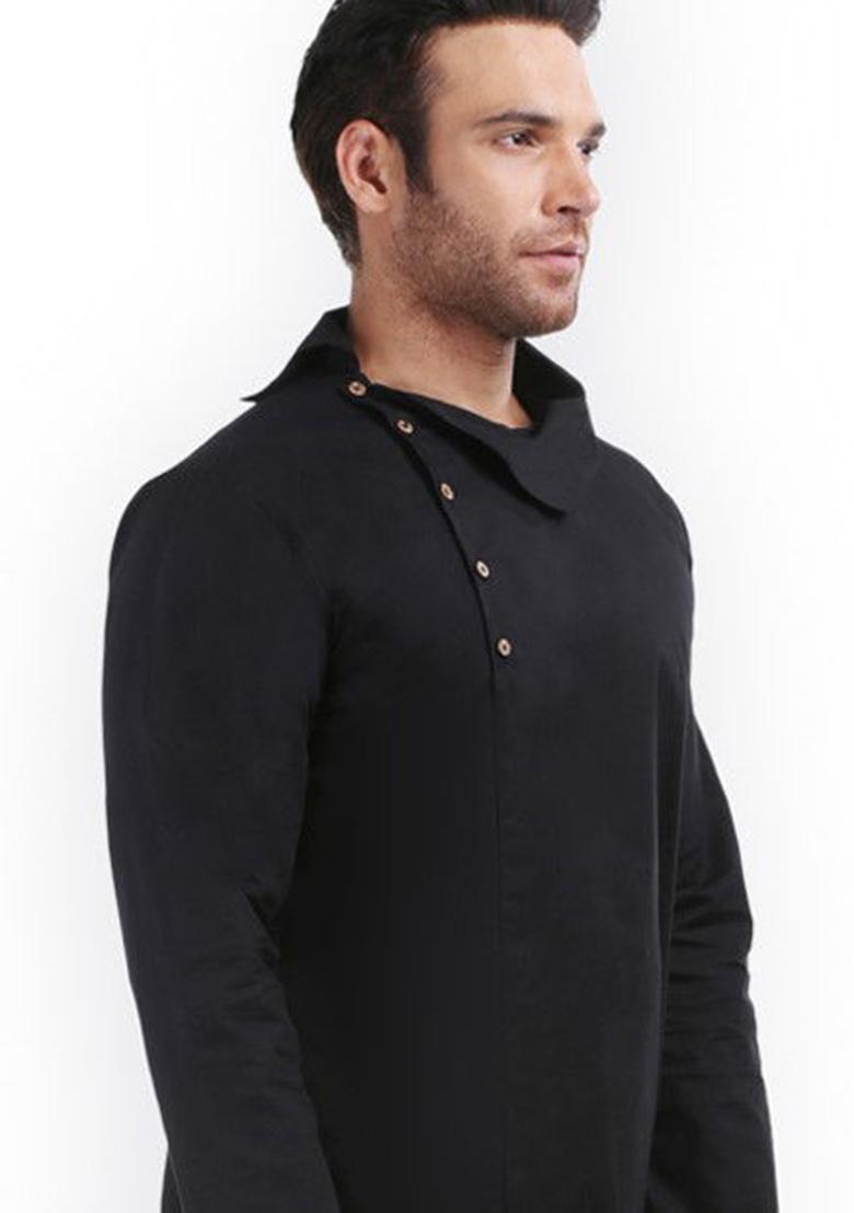 Black Solid Cotton Kurta For Men