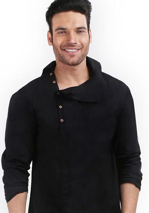 Black Solid Cotton Kurta For Men