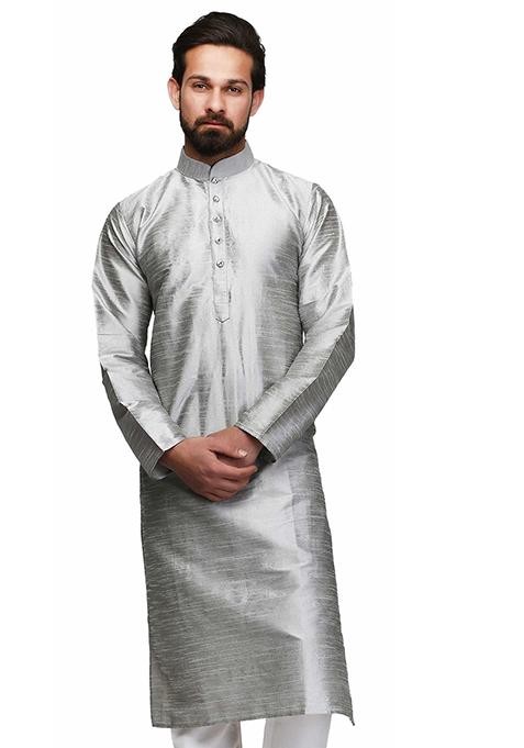Grey Solid Silk Kurta Set For Men