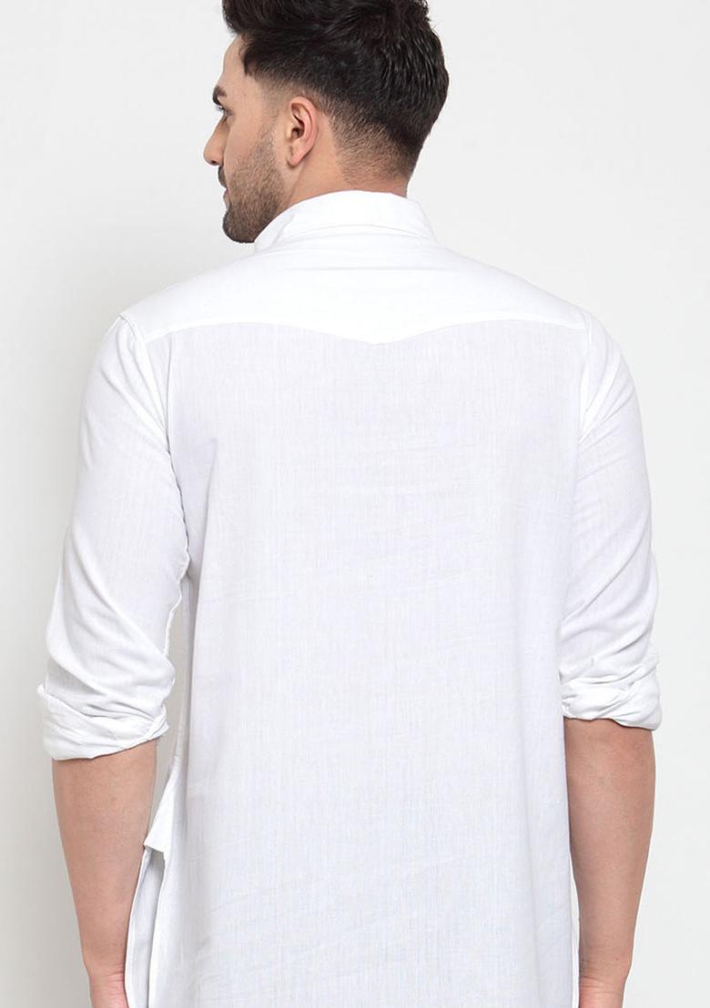 White Solid Cotton Kurta For Men