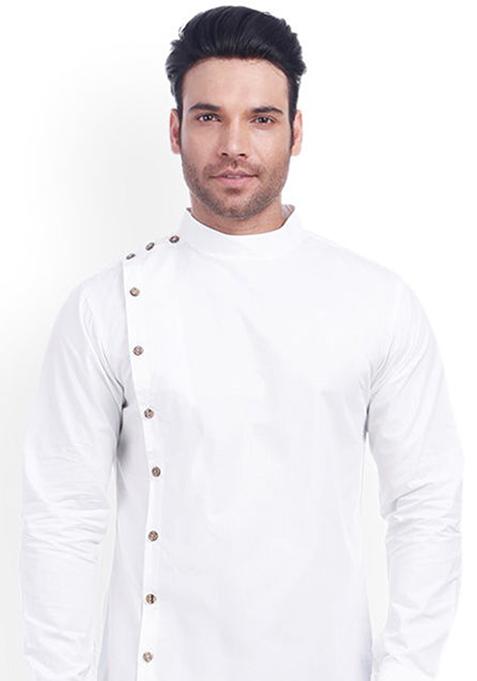 White Solid Cotton Kurta For Men