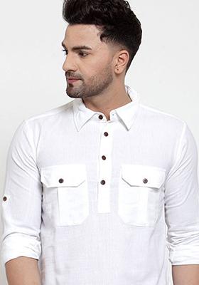 White Solid Cotton Kurta For Men