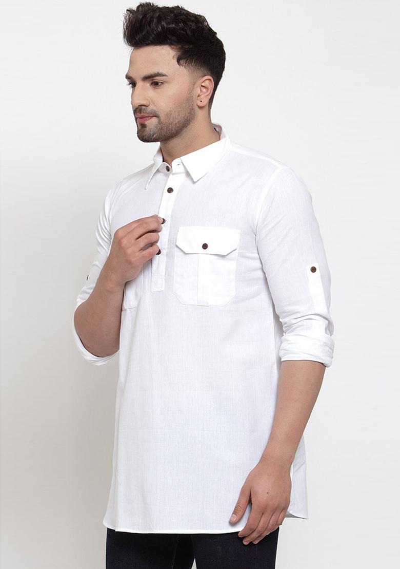 White Solid Cotton Kurta For Men