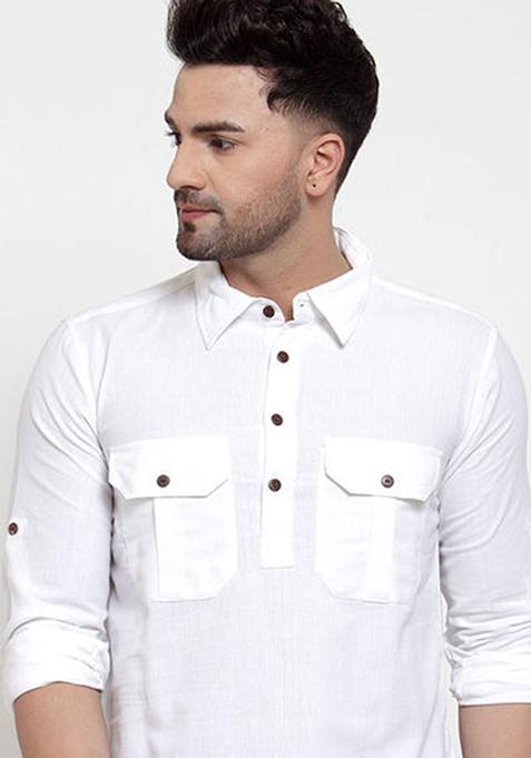 White Solid Cotton Kurta For Men