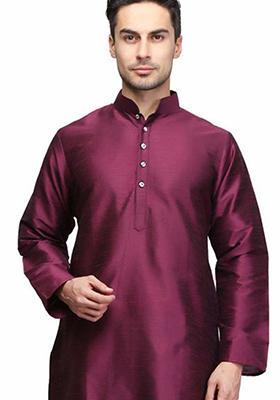 Wine Solid Silk Kurta Set For Men