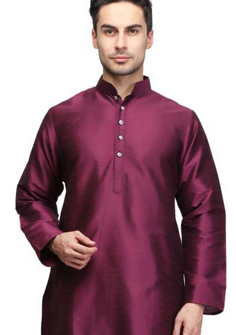 Wine Solid Silk Blend Kurta Set For Men - Indya