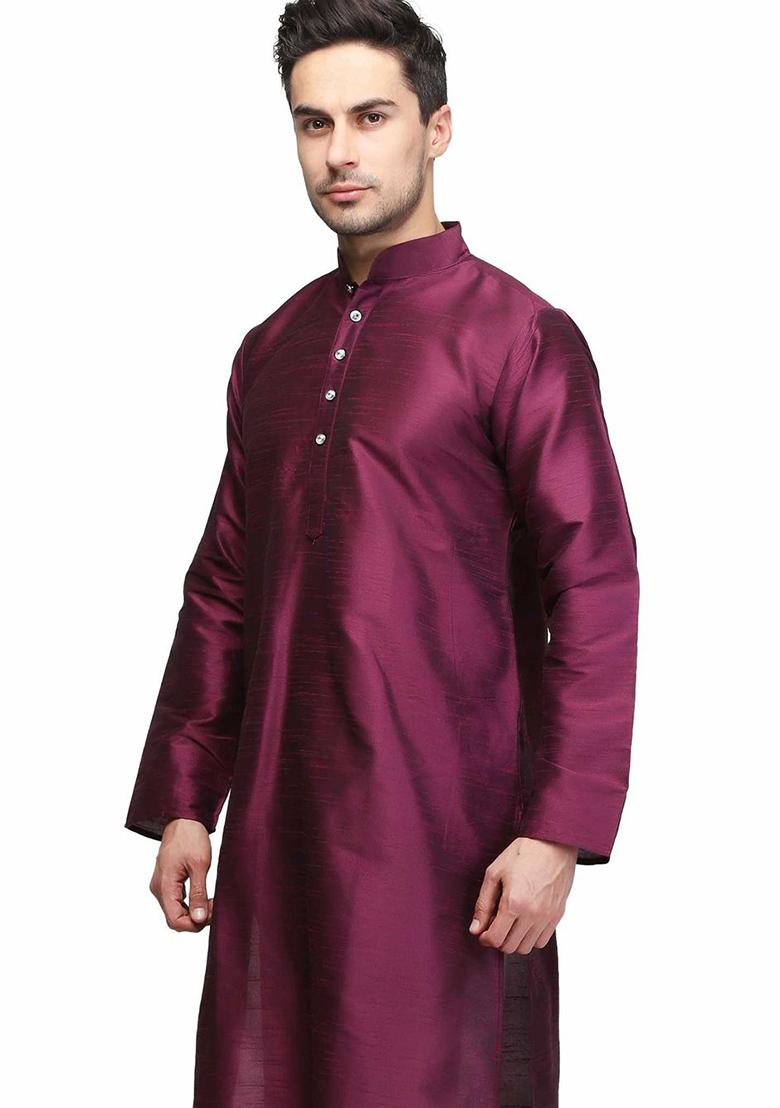 Wine Solid Silk Kurta Set For Men