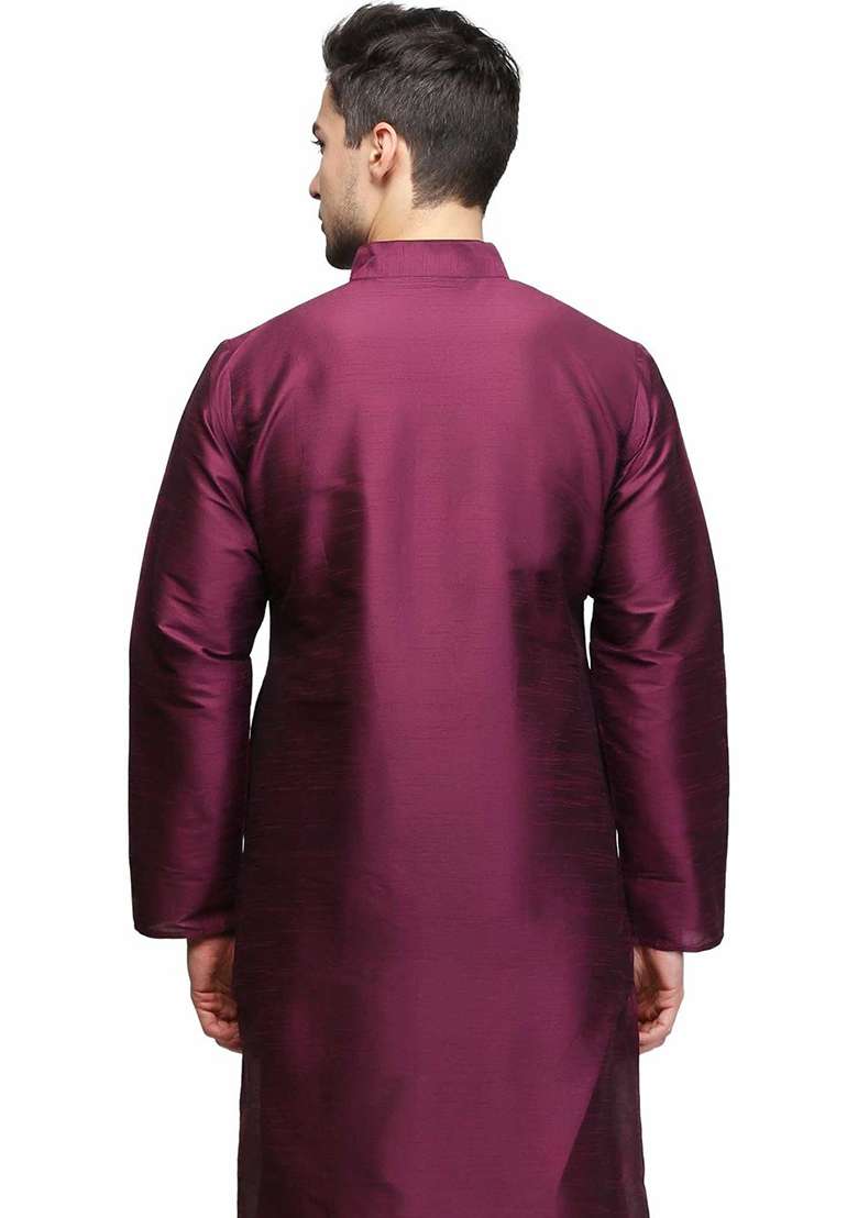 Wine Solid Silk Blend Kurta Set For Men - Indya