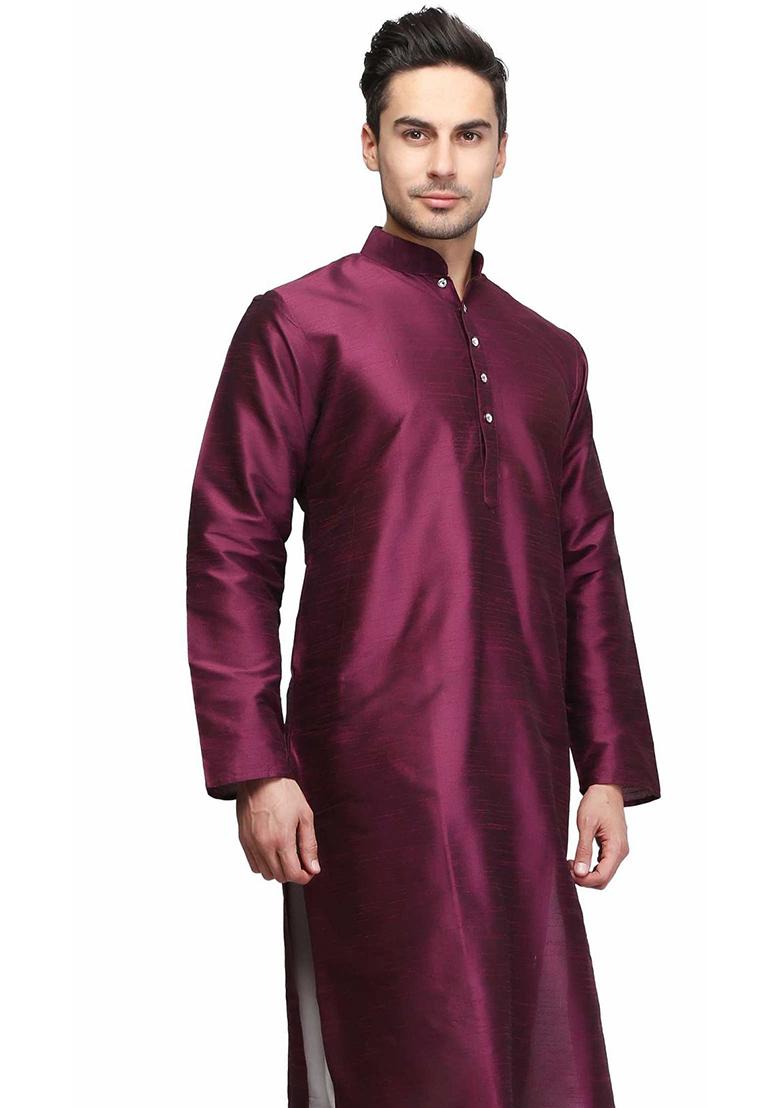 Wine Solid Silk Kurta Set For Men
