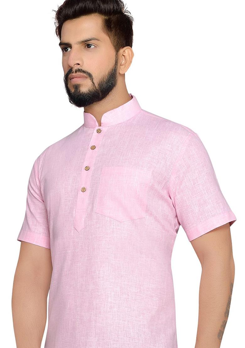 Pink Solid Cotton Kurta For Men