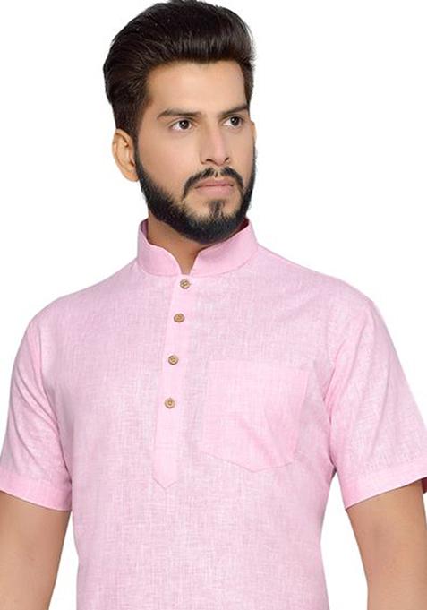 Pink Solid Cotton Kurta For Men
