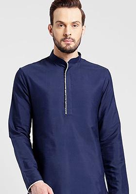 Navy Blue Solid Silk Kurta Set For Men