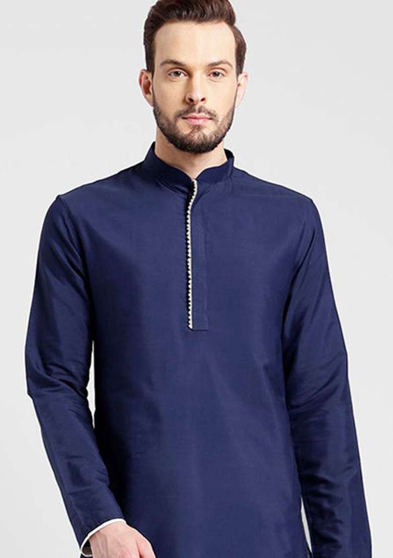 Navy Blue Solid Silk Blend Kurta Set For Men - Indya