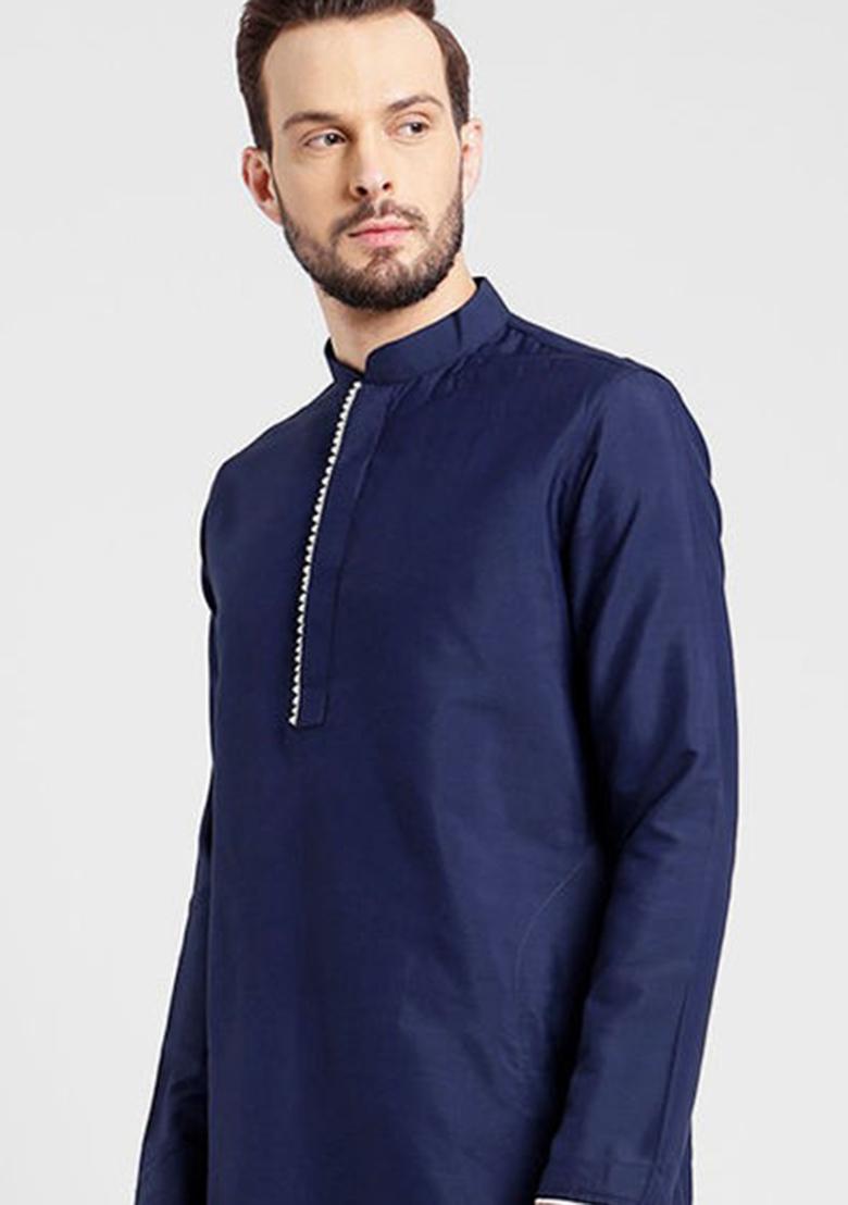 Navy Blue Solid Silk Kurta Set For Men