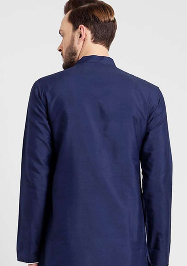 Navy Blue Solid Silk Blend Kurta Set For Men - Indya