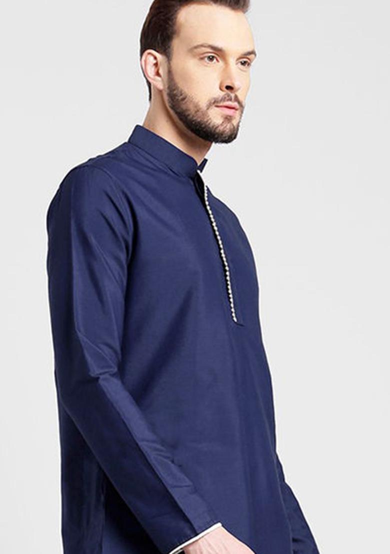 Navy Blue Solid Silk Kurta Set For Men