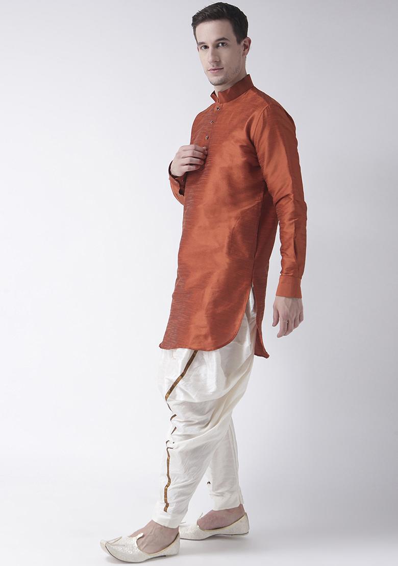 Rust Brown Solid Silk Kurta Set For Men